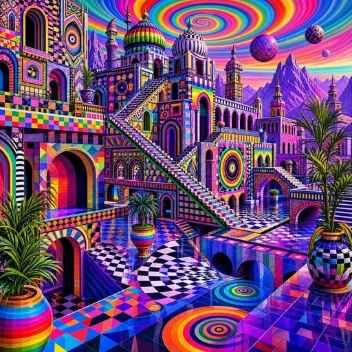 A psychedelic geometric palace by GPT 2K