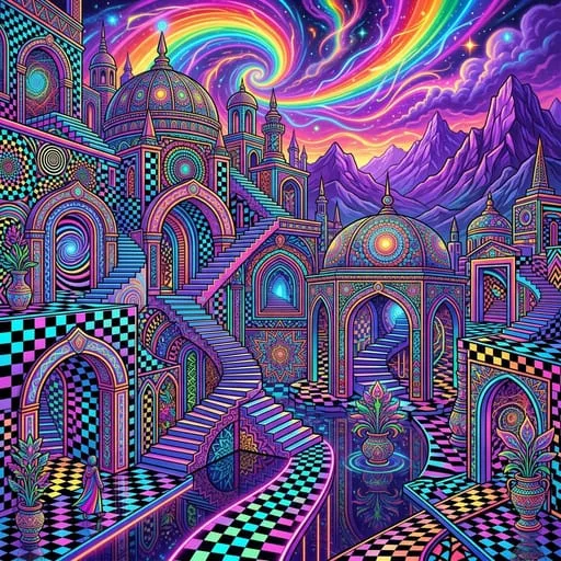 A psychedelic geometric palace by Nano Banana 2