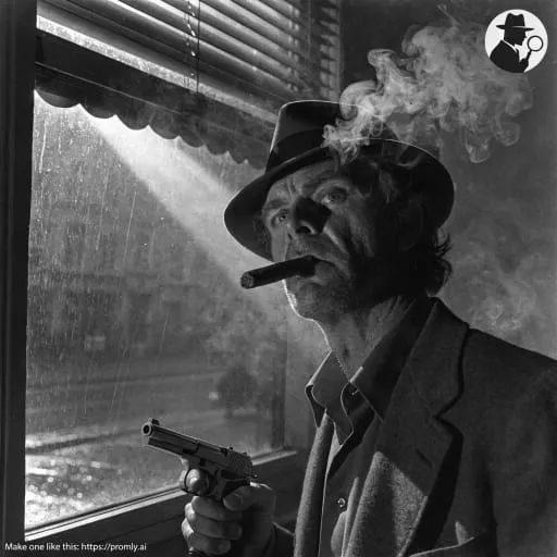 Black-and-white film-noir detective scene generated by Recraft V4