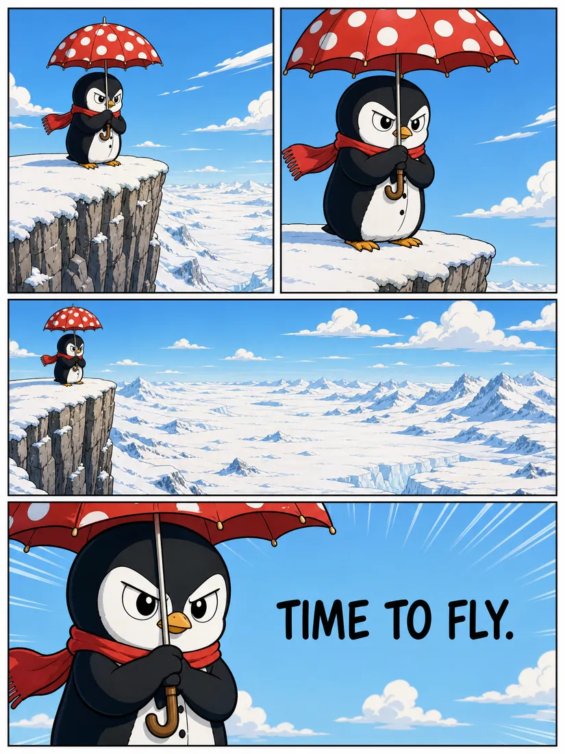 AI comic page 1 — a penguin on a snowy cliff decides it is time to fly