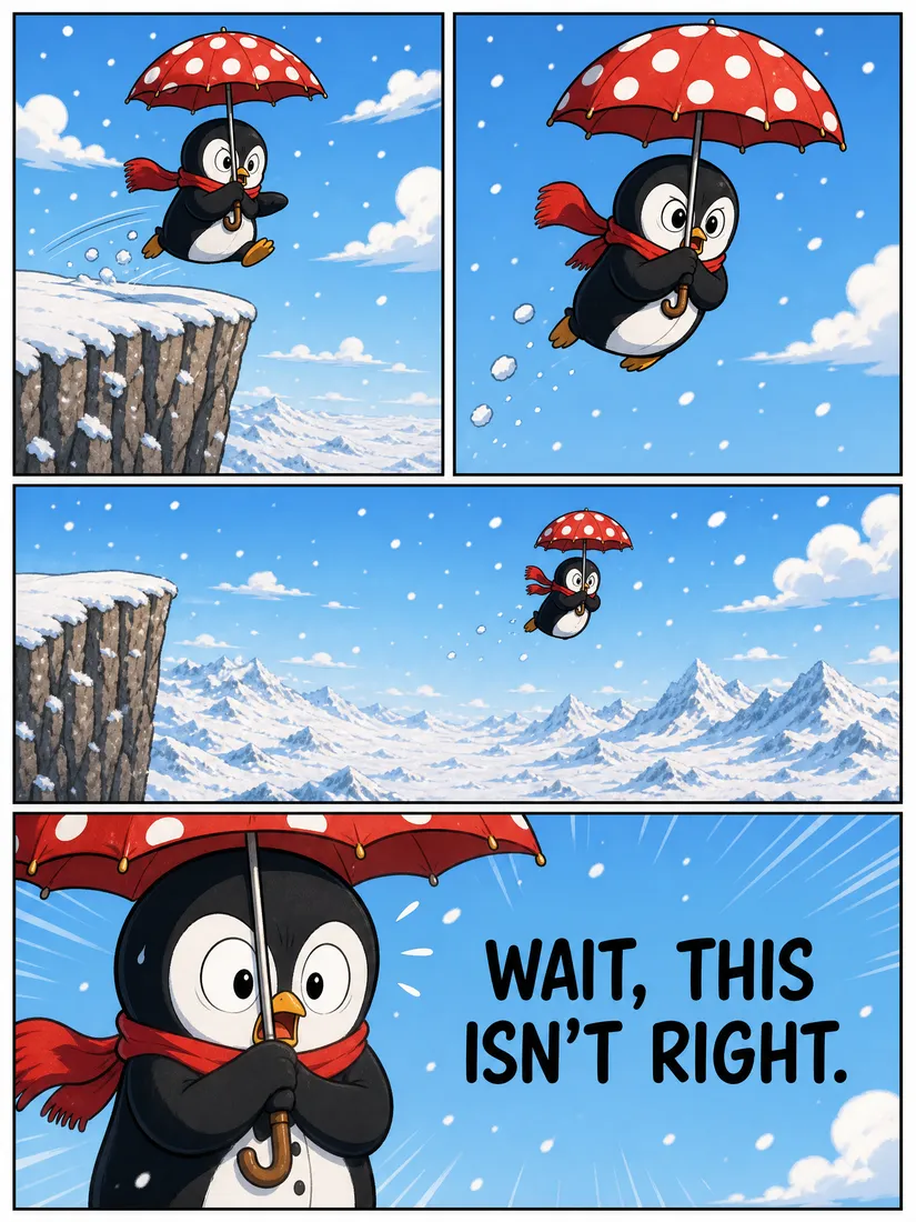 AI comic page 2 — the penguin falls and panics, this isn't right