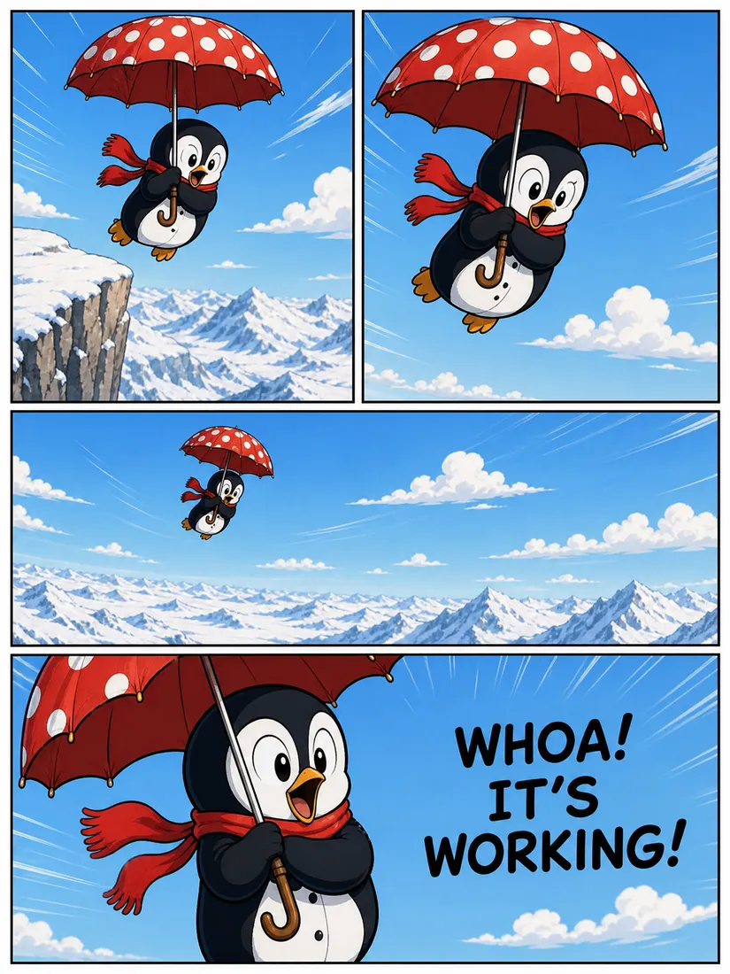 AI comic page 3 — the red umbrella catches the wind, it's working