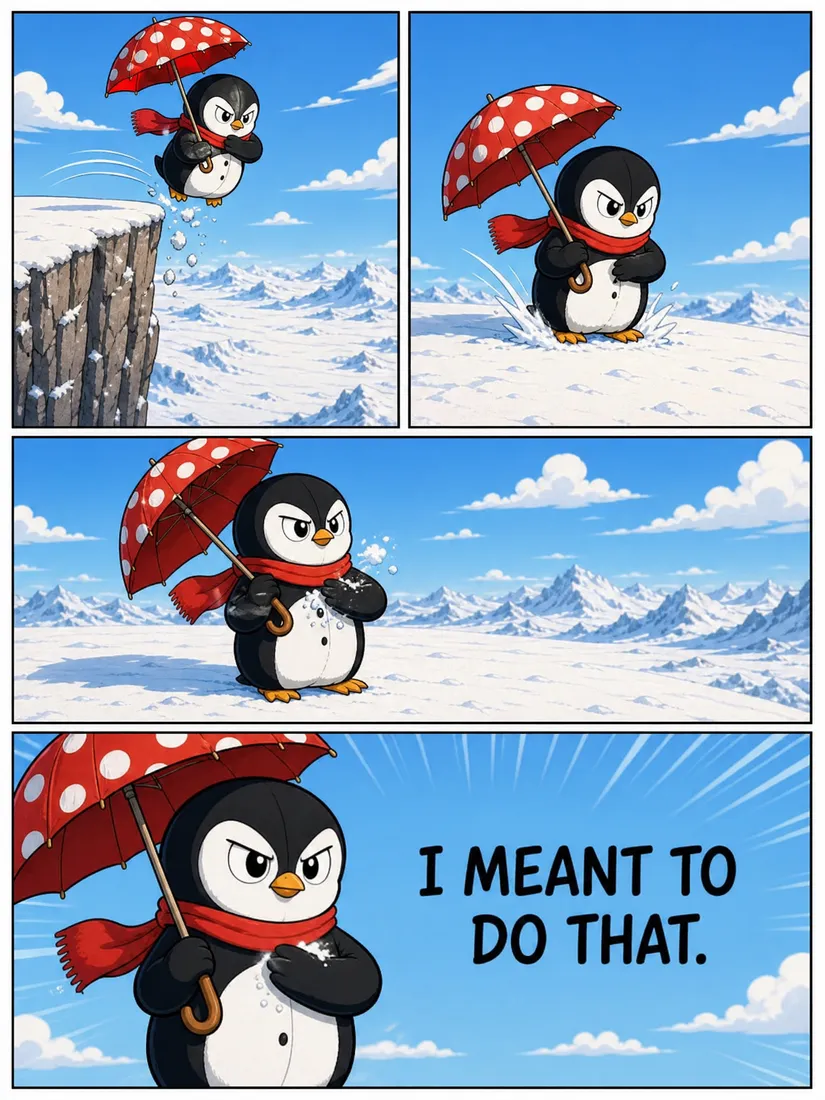 AI comic page 4 — the penguin lands and plays it cool, meant to do that