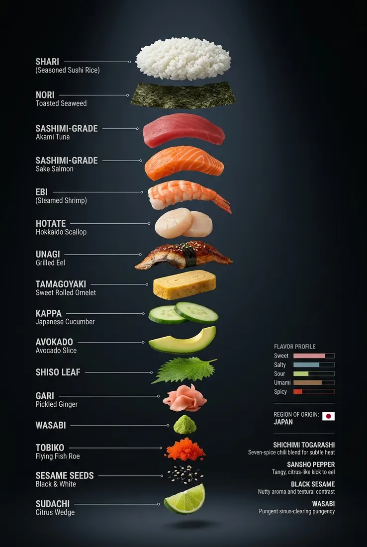 A premium exploded-view infographic of how sushi is made.