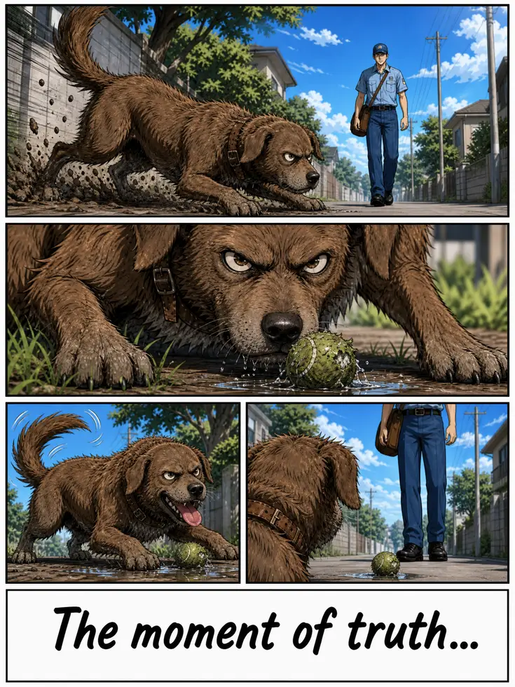 A four-panel comic page of a muddy dog chasing a tennis ball.