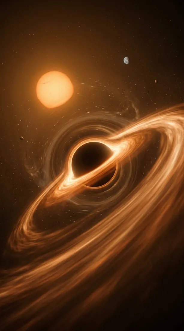 A cinematic image of a black hole pulling in a solar system.