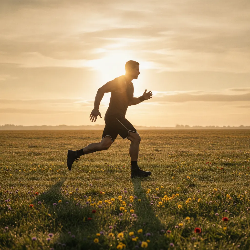 A photoreal portrait of a runner mid-stride at golden hour.