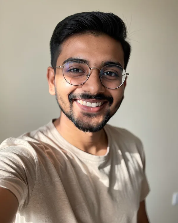 Before: a smiling young man with glasses and a beige T-shirt taking a selfie against a plain wall
