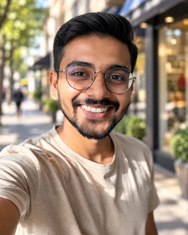 After: the same man, glasses and T-shirt unchanged, now on a sunny city street with softly blurred shop fronts behind him