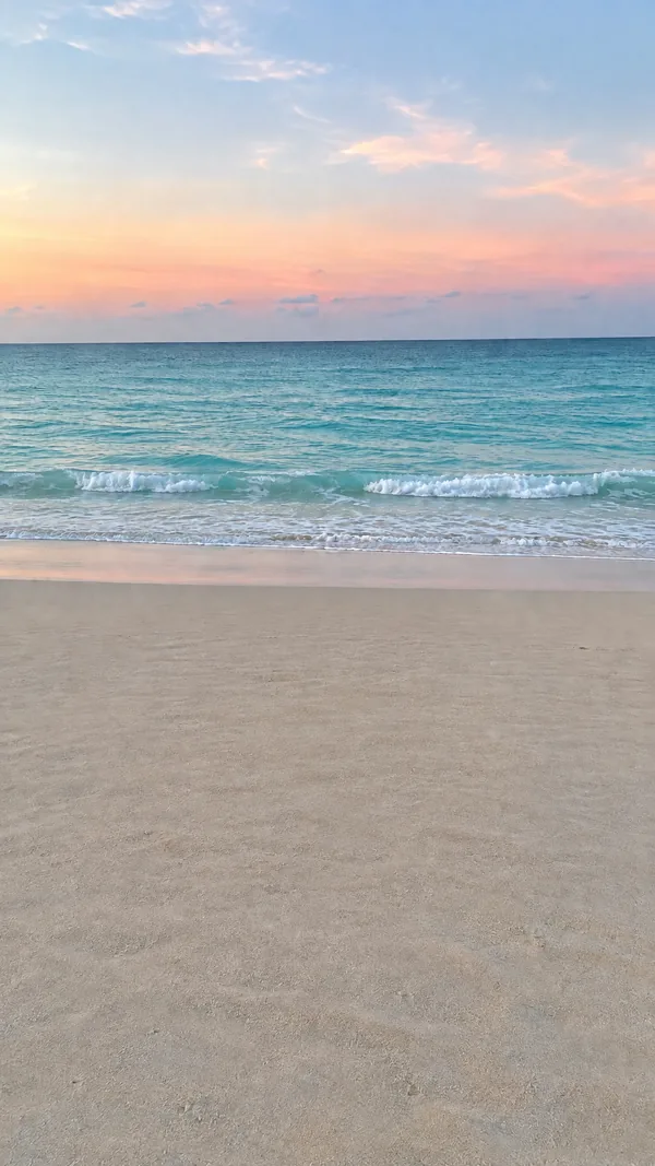 After: the same beach at dawn with the trash bin removed and the sand smooth