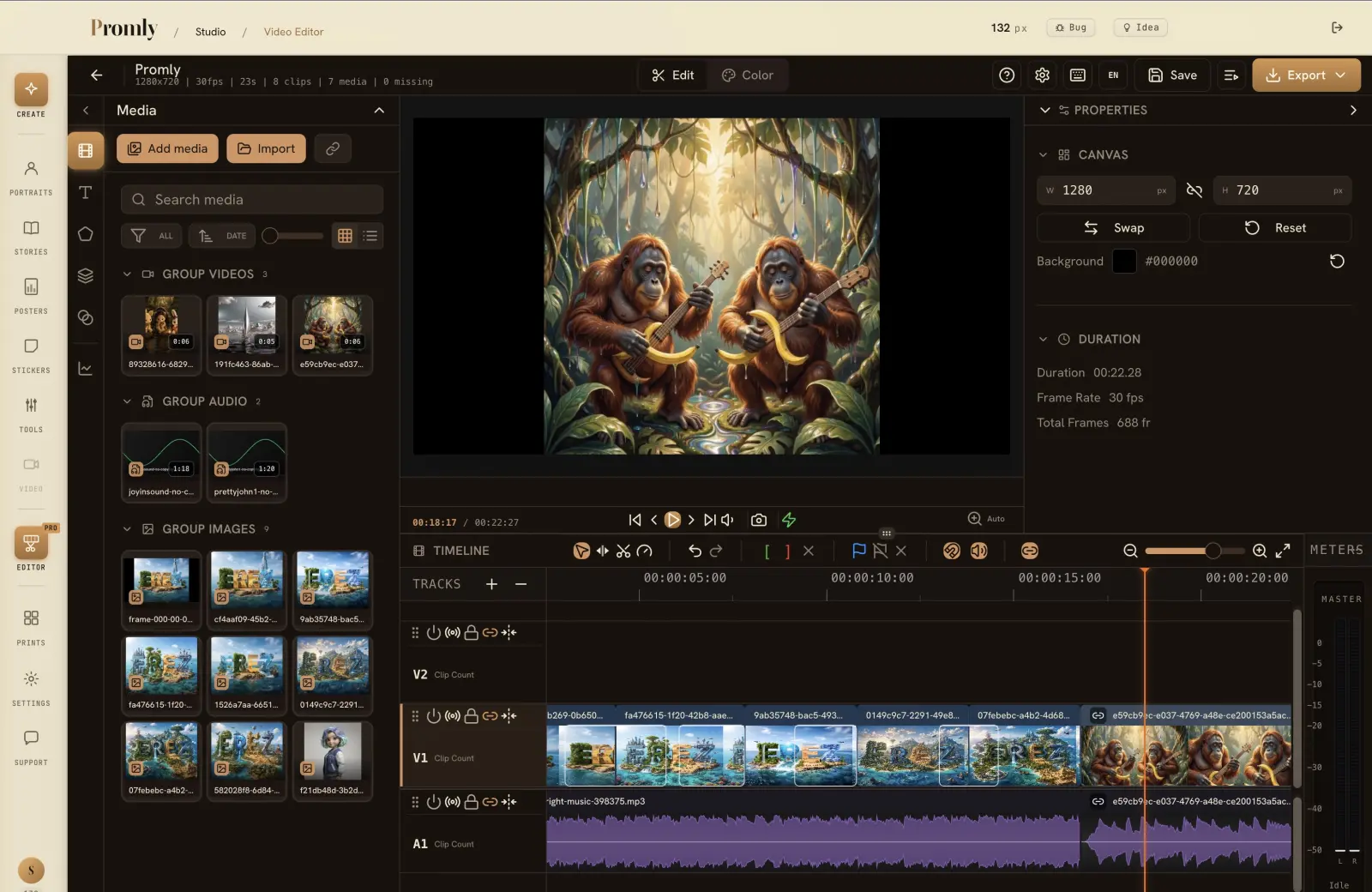 The Promly video editor — a multi-track timeline with media library, properties panel, and export.