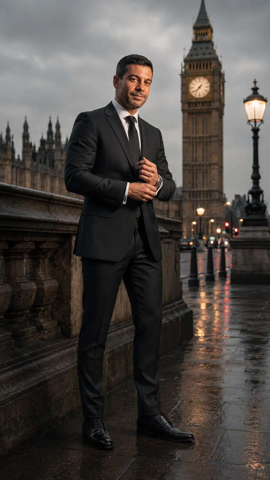 AI-generated portrait — a man in a dark suit photographed in front of Big Ben in London at dusk