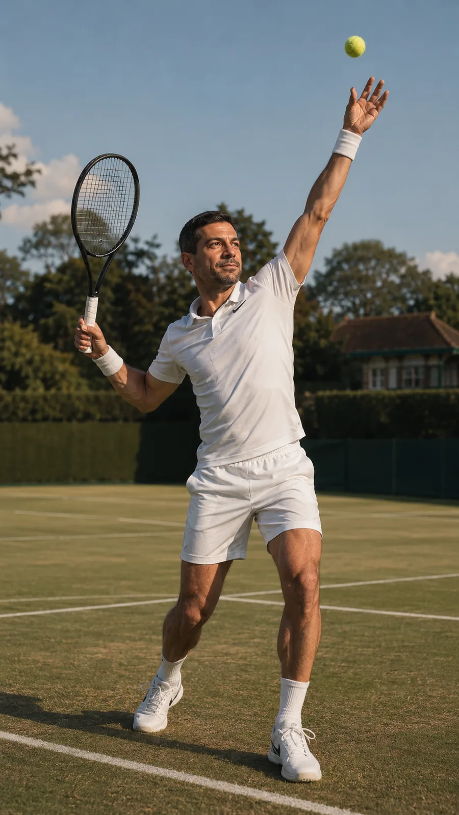 AI portrait of a man playing tennis on a grass court in bright daylight