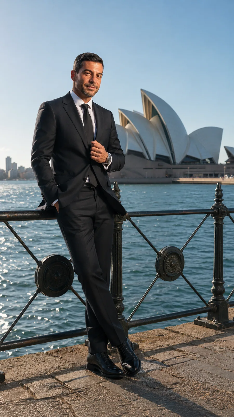 AI portrait of a man in a suit in front of the Sydney Opera House