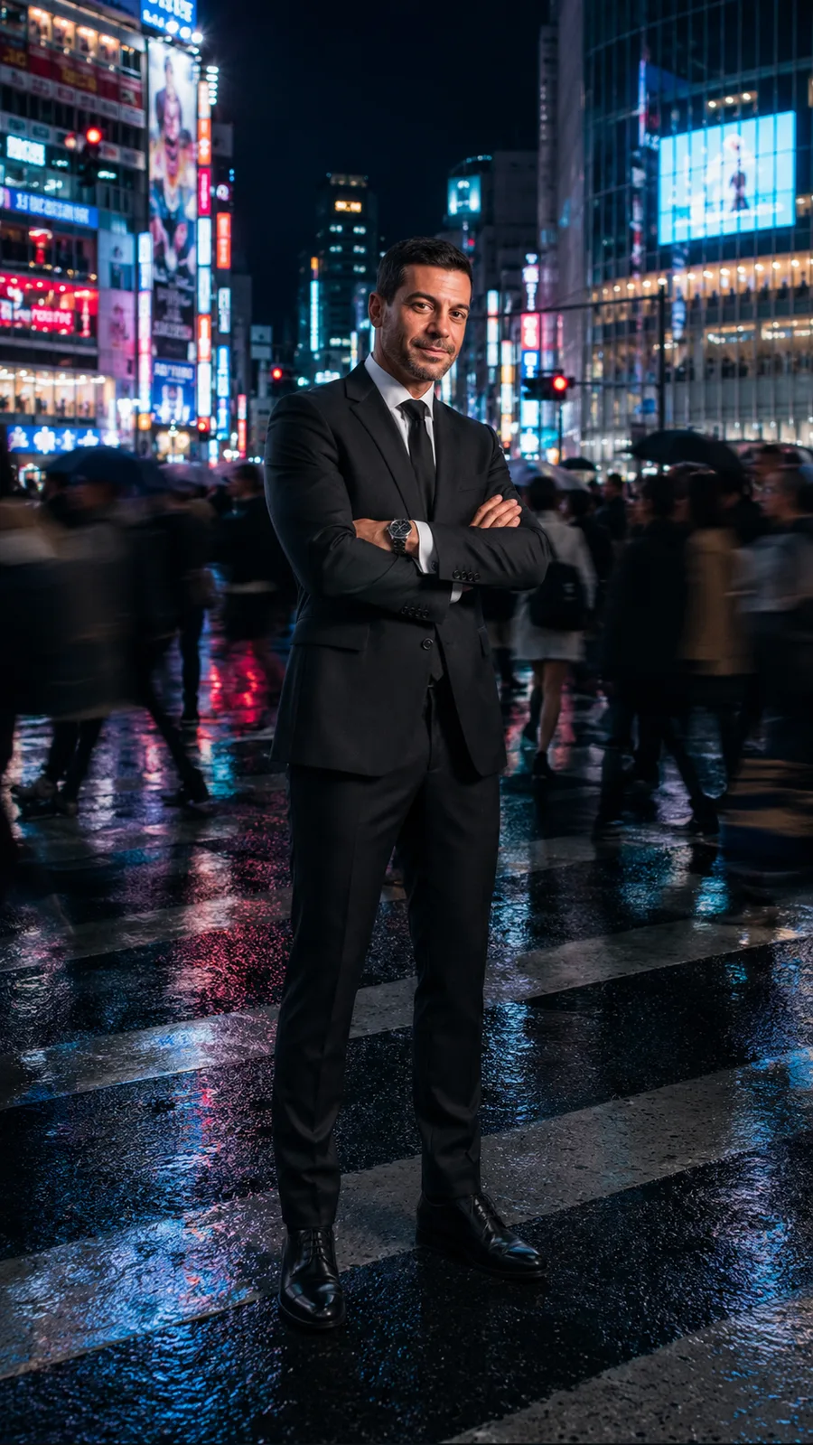 AI portrait of a man in a suit at a neon-lit Tokyo crossing at night
