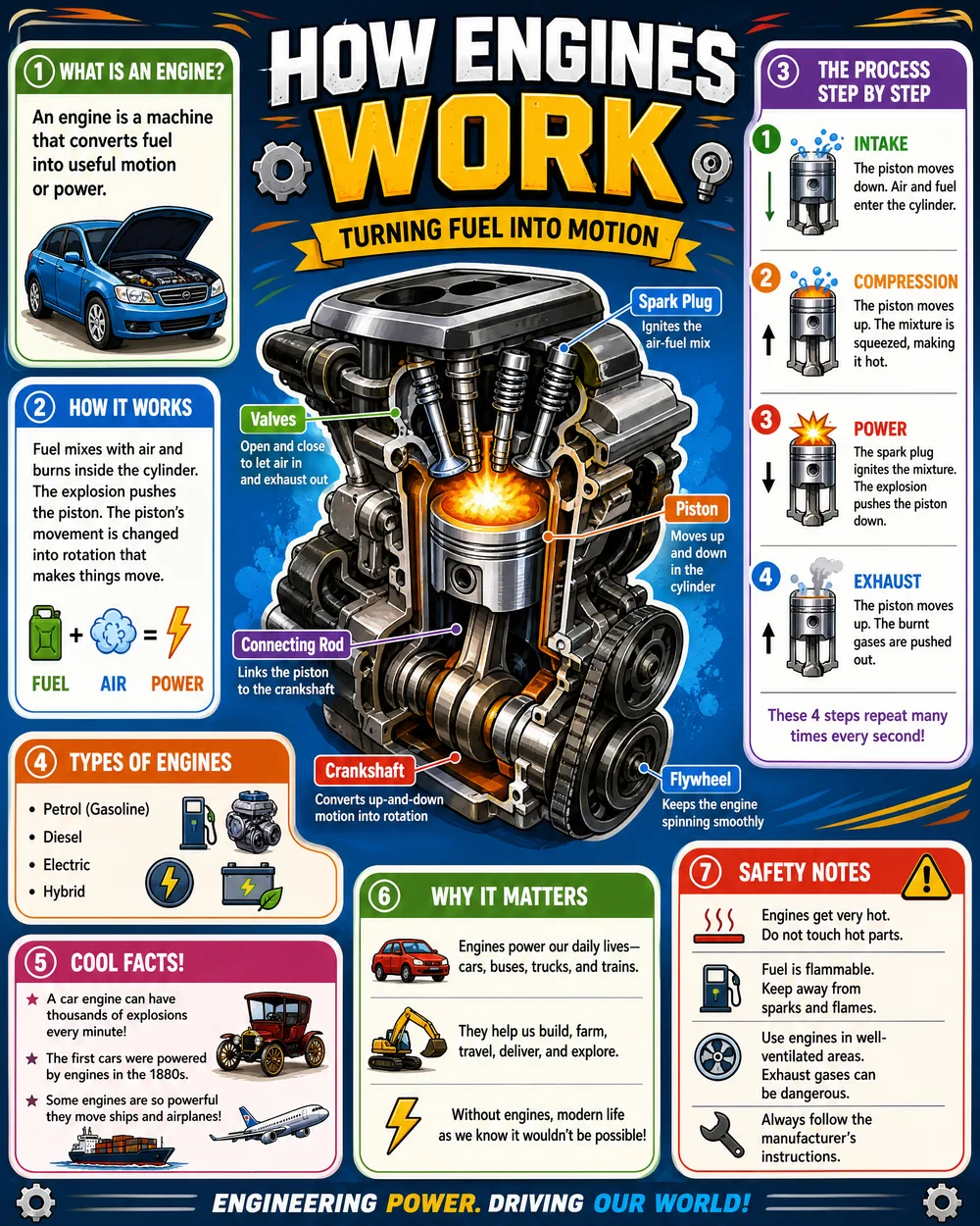 AI infographic poster titled How Engines Work with a labelled engine diagram and steps