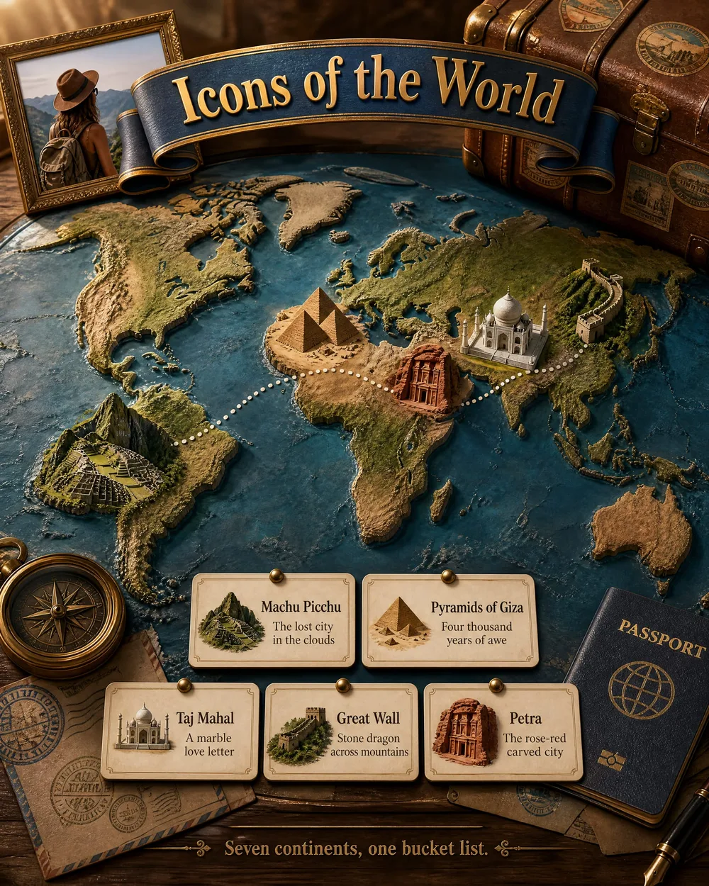 AI travel infographic poster titled Icons of the World with a map and landmark captions