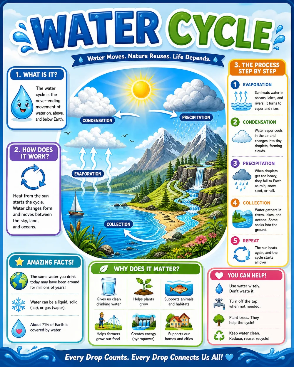 AI educational infographic poster explaining the water cycle with labelled stages