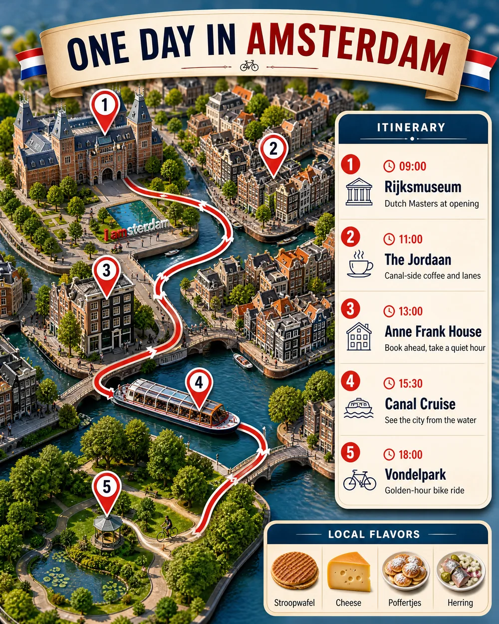 AI city-guide infographic poster titled One Day in Amsterdam with a map and timed itinerary