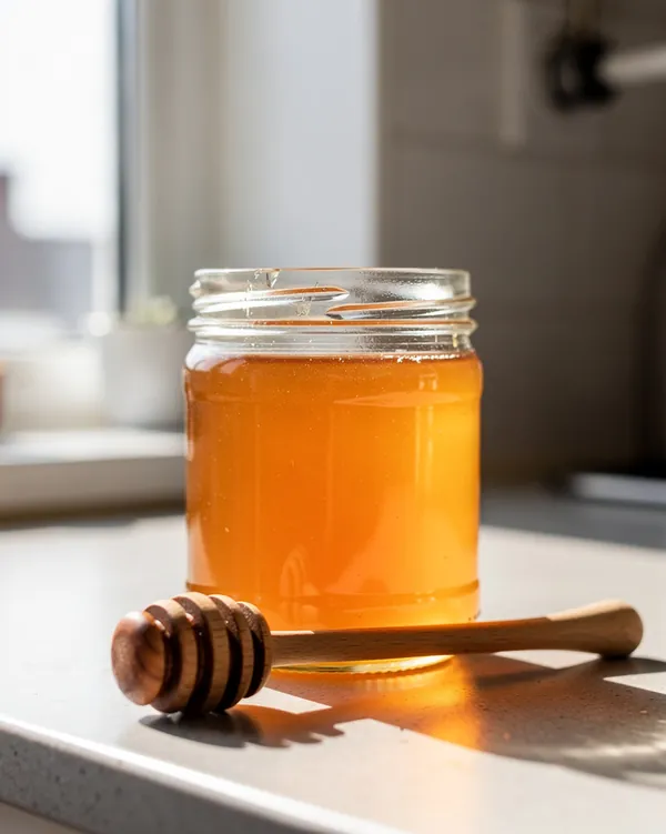 Before: a jar of honey with a wooden dipper on a kitchen counter