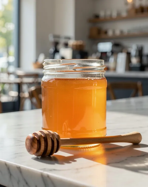 The same honey jar on a white marble café counter in soft morning light