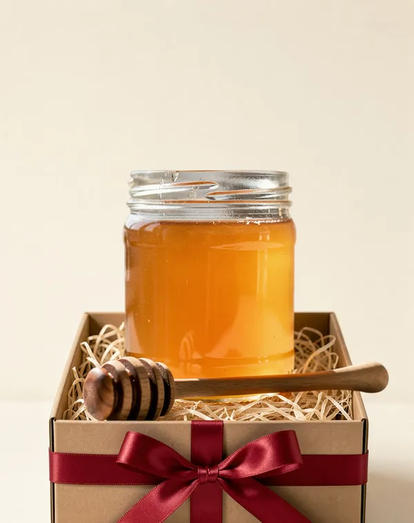 The same honey jar in an open gift box with straw and a red ribbon, on a plain cream background