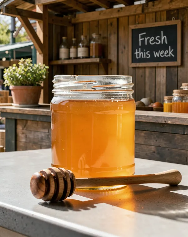 After: the same honey jar on a wooden market stall with a chalkboard sign reading Fresh this week, made by Promly's Edit Kit from one sentence