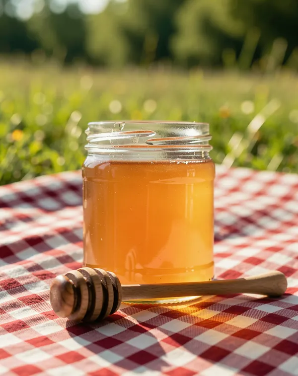 The same honey jar on a checked picnic blanket in a sunny meadow