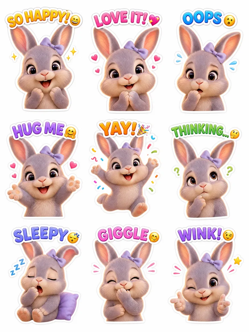 AI sticker pack of a cartoon bunny with playful expressions for WhatsApp