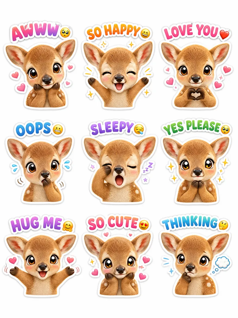 AI-generated WhatsApp sticker pack — a cartoon deer in nine expressions including happy, love you, hug me and sleepy
