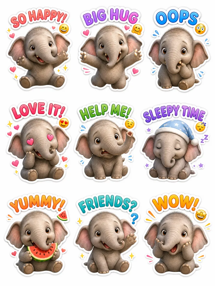 AI sticker pack of a cartoon elephant with friendly expressions for WhatsApp