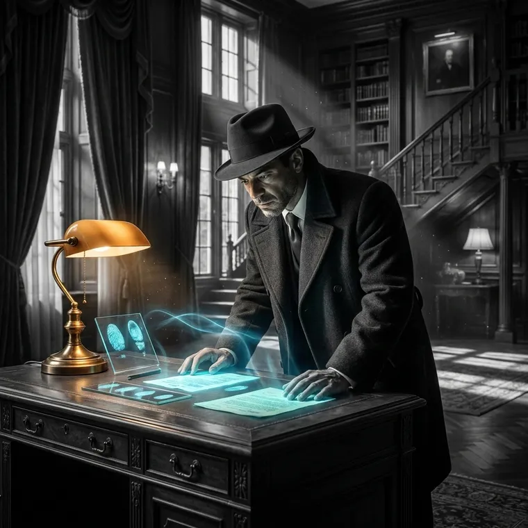 AI story scene of a hardboiled detective examining glowing evidence in a dark study