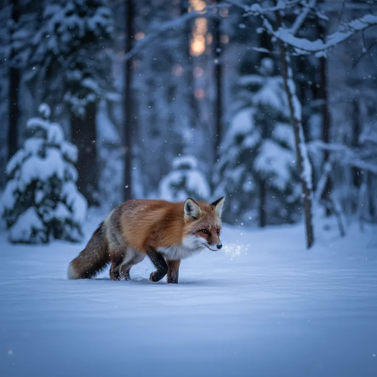 AI story scene of a red fox moving through a snowy twilight forest