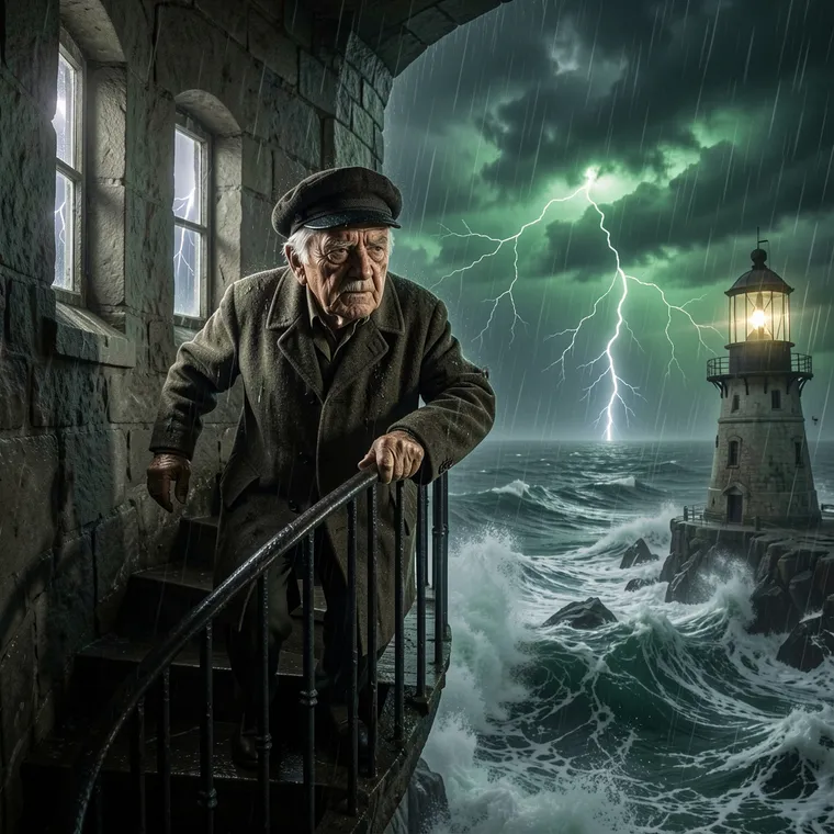 AI story scene of an elderly lighthouse keeper on a staircase during a storm