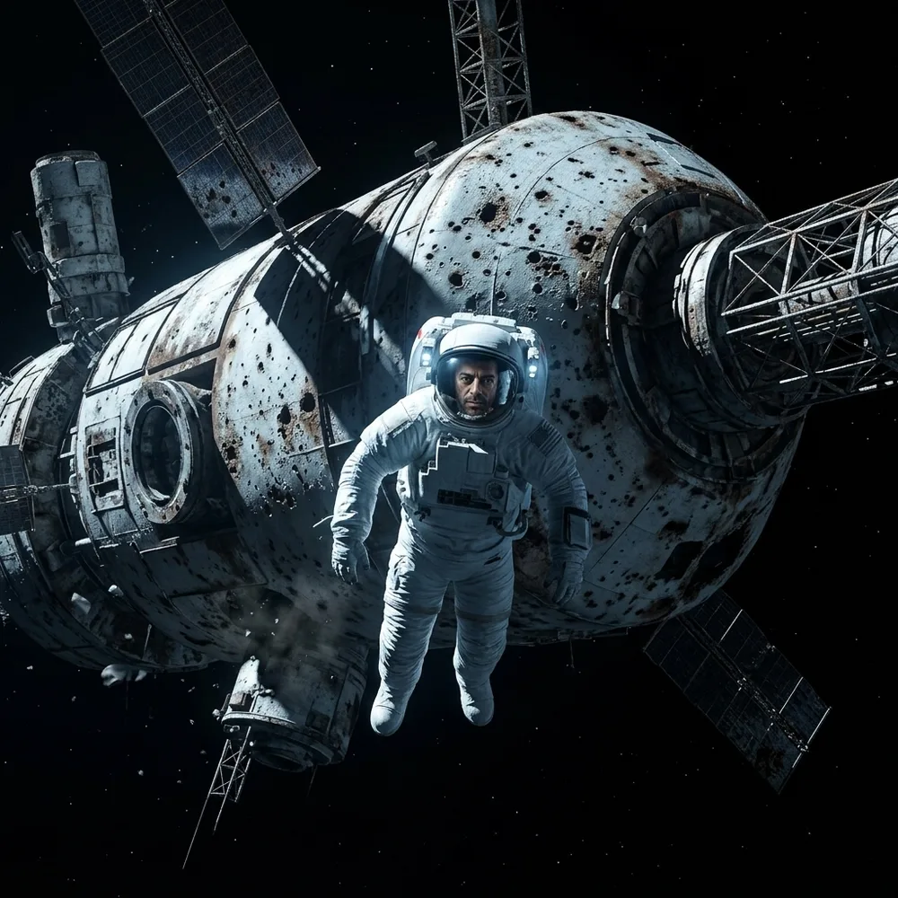AI-generated story scene — an astronaut floating in front of a derelict space station, made with Promly's Story Kit