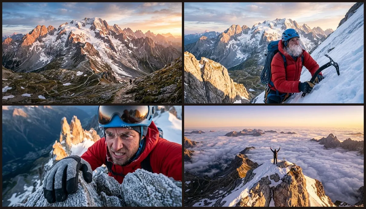 AI storyboard — a four-frame mountaineering sequence from sunrise ridge to a climber reaching the summit