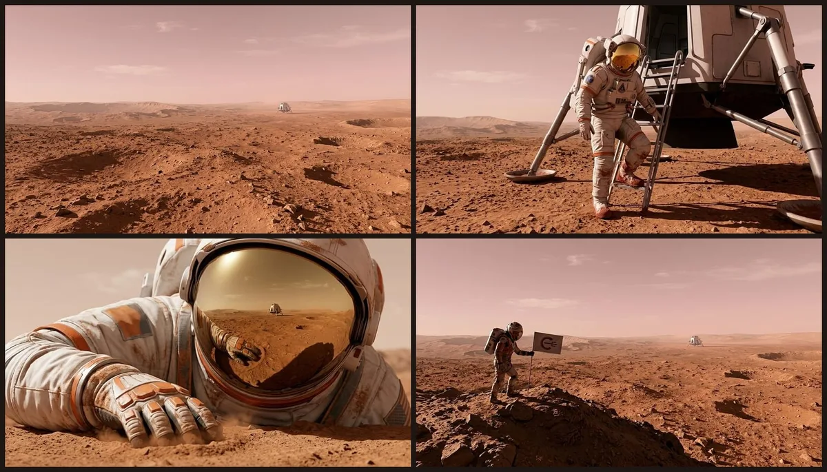 AI storyboard — a four-frame Mars mission sequence from landing to planting a flag