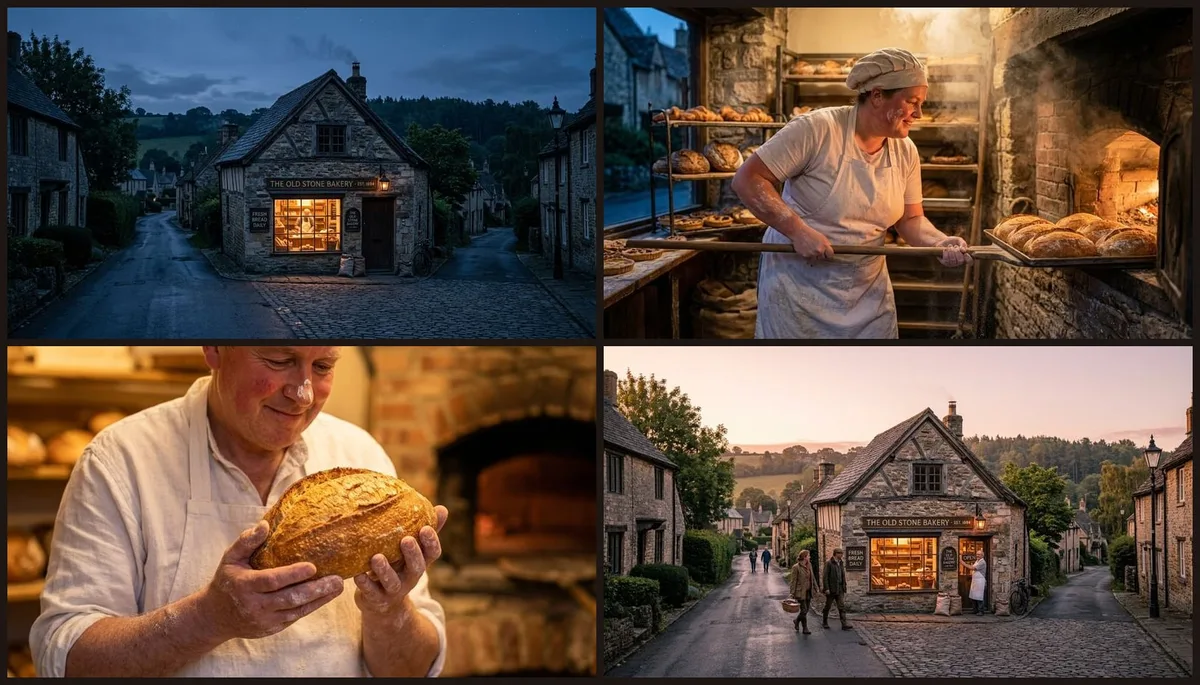AI storyboard — a four-frame village bakery sequence from dawn street to a fresh loaf