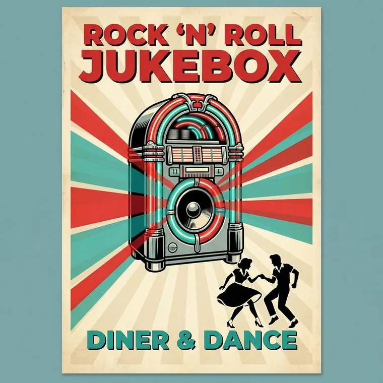 AI-generated retro poster reading Rock n Roll Jukebox, Diner and Dance, with clean readable lettering