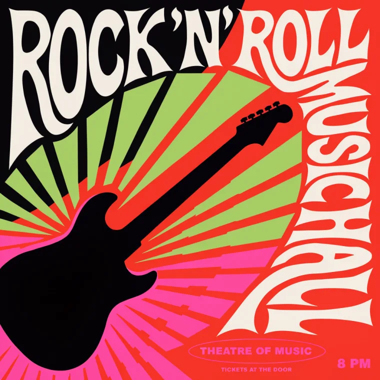 AI-generated psychedelic concert poster reading Rock n Roll Music Hall with legible stylised type