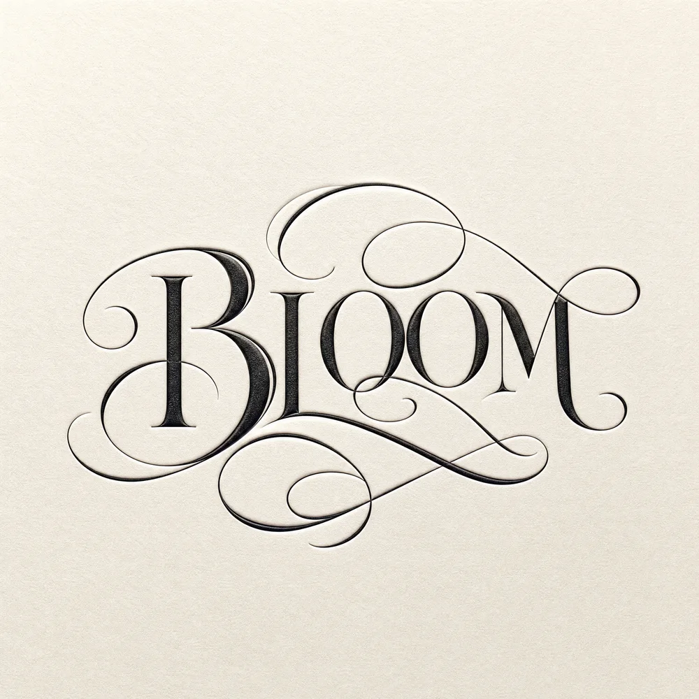AI typography — an elegant calligraphic "Bloom" wordmark with flourishes, generated by Promly