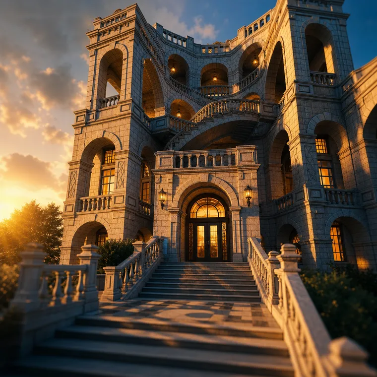 AI photo variation — a grand stone building photographed from a low angle at golden hour
