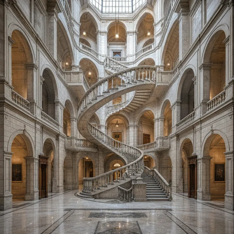 AI photo variation — the same architecture from inside, a sweeping marble staircase at eye level