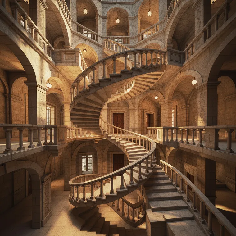 AI photo variation — an interior spiral staircase seen from an elevated three-quarter angle