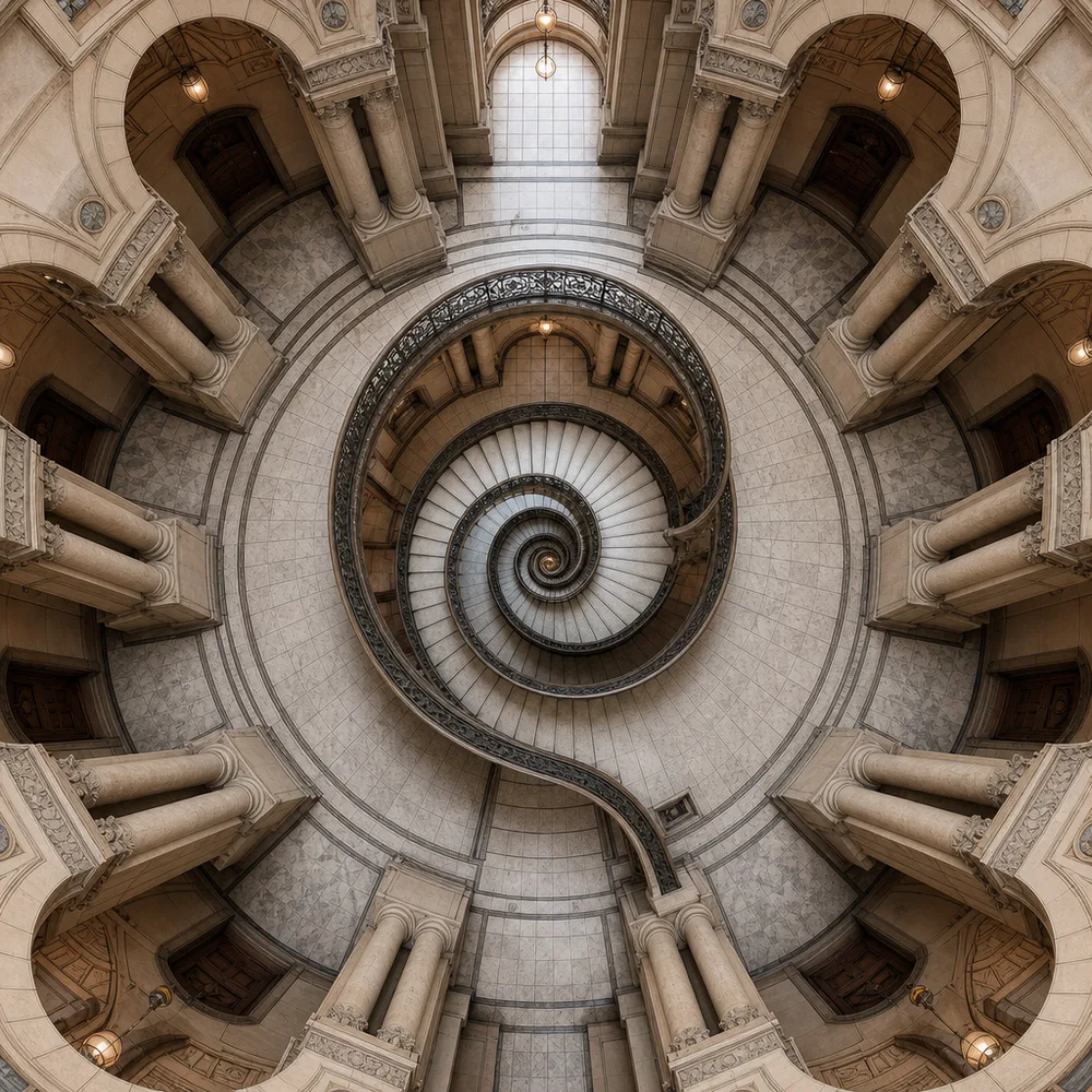 AI photo variations — an ornate spiral staircase shot straight down from above, one of a matching set made with Promly's Stage Kit