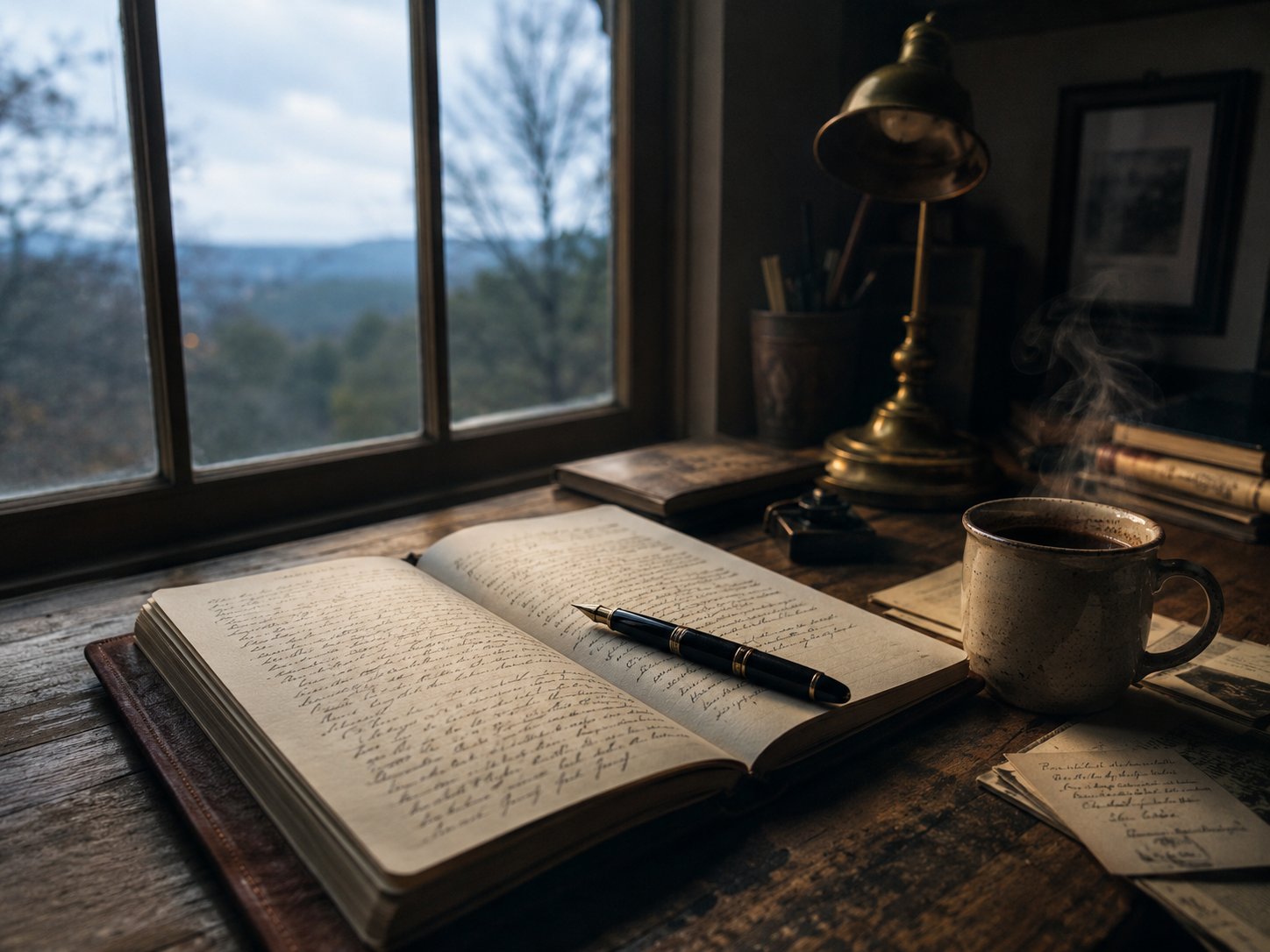 GPT Image 2 output from the 155-word Promly-refined prompt: overcast morning writer's desk with handwritten journal, brass lamp, ceramic mug